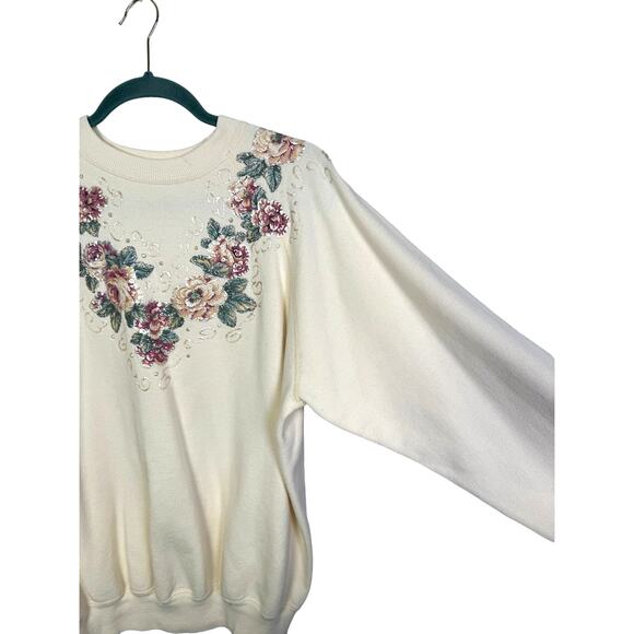 Vintage 80s Floral V Sweatshirt, Size L - Picture 2 of 5